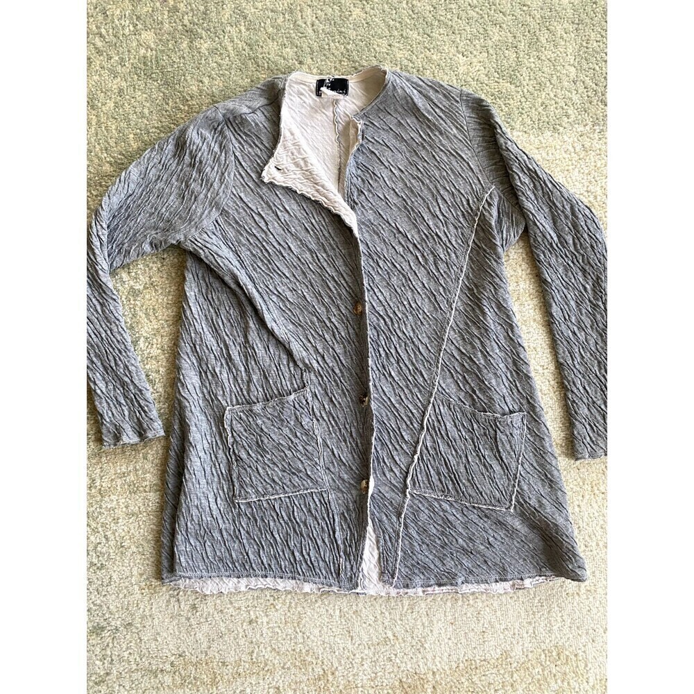 Fenini Women’s Cotton Button Front Shirt Gray Size S Pockets Cozy Wrinkled